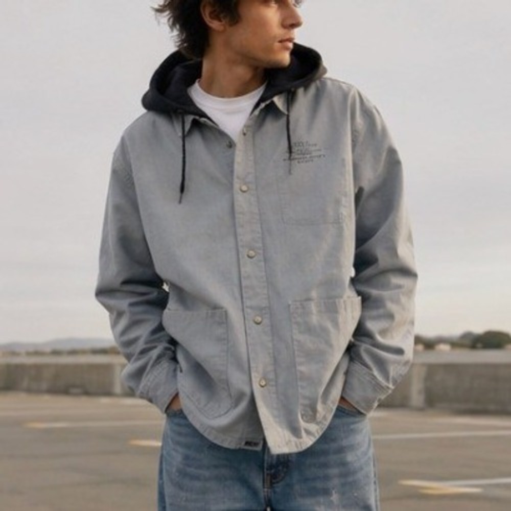 Tony Hawk Hooded Chore Jacket Snap Front Gray Work Shirt Medium Skater Indie 90s